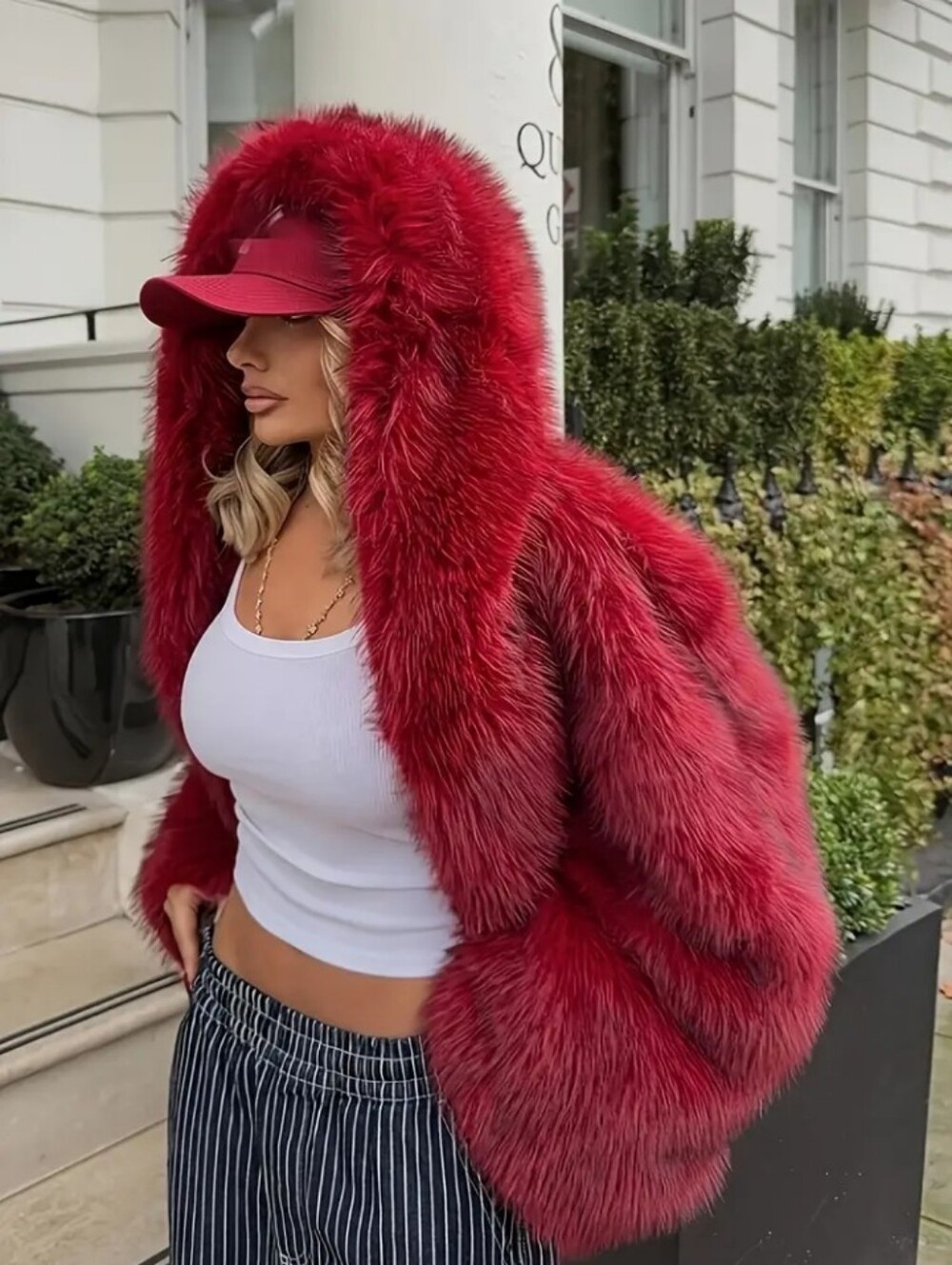 New Winter Women'S Stylish And Elegant Red Faux Coat, Casual Long-Sleeve Hooded - Picture 3 of 5